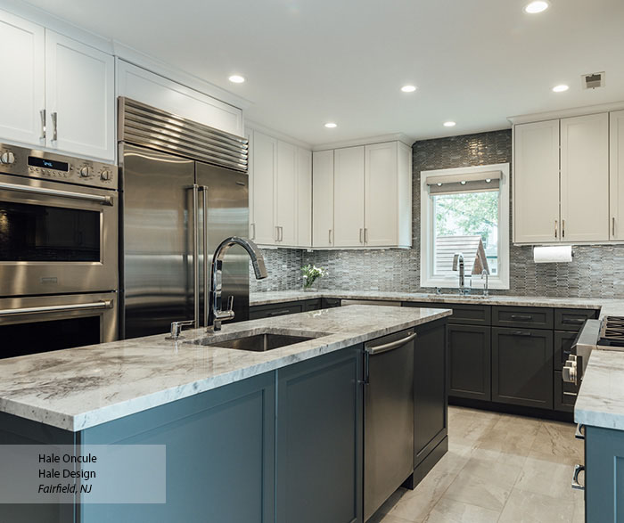 classic white kitchen cabinets with grey marble island