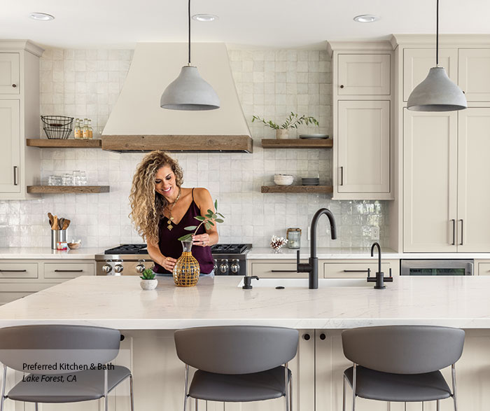 kitchen cabinets in an off-white finish